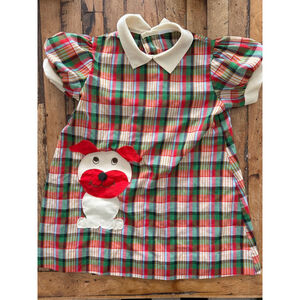 Vintage Girls Nannette Casual Plaid Dress with puppy 12 Months Red Green